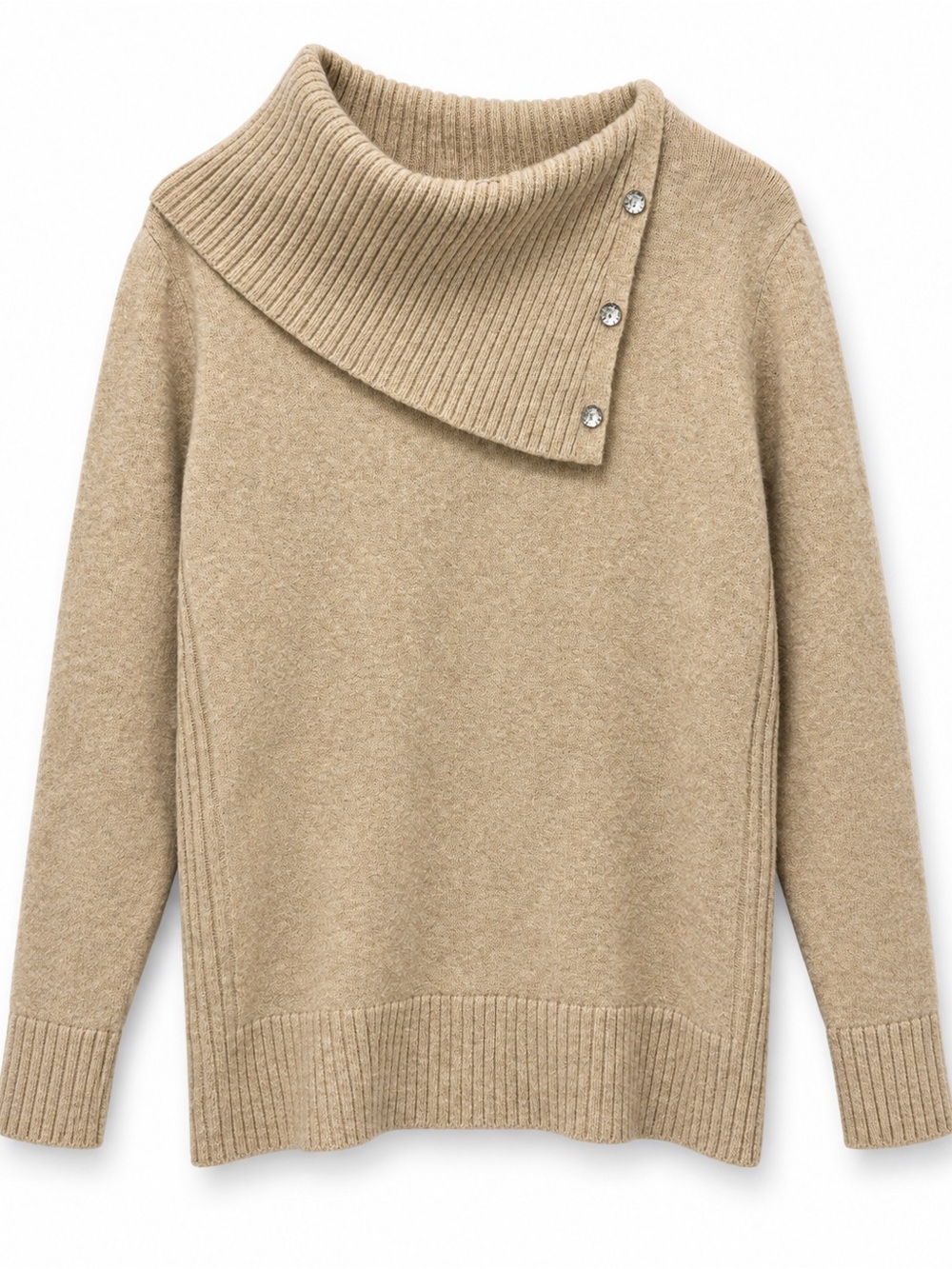 WHBM Outlet Large Oatmeal Asymmetrical Cowl Neck Jewel Button Sweater